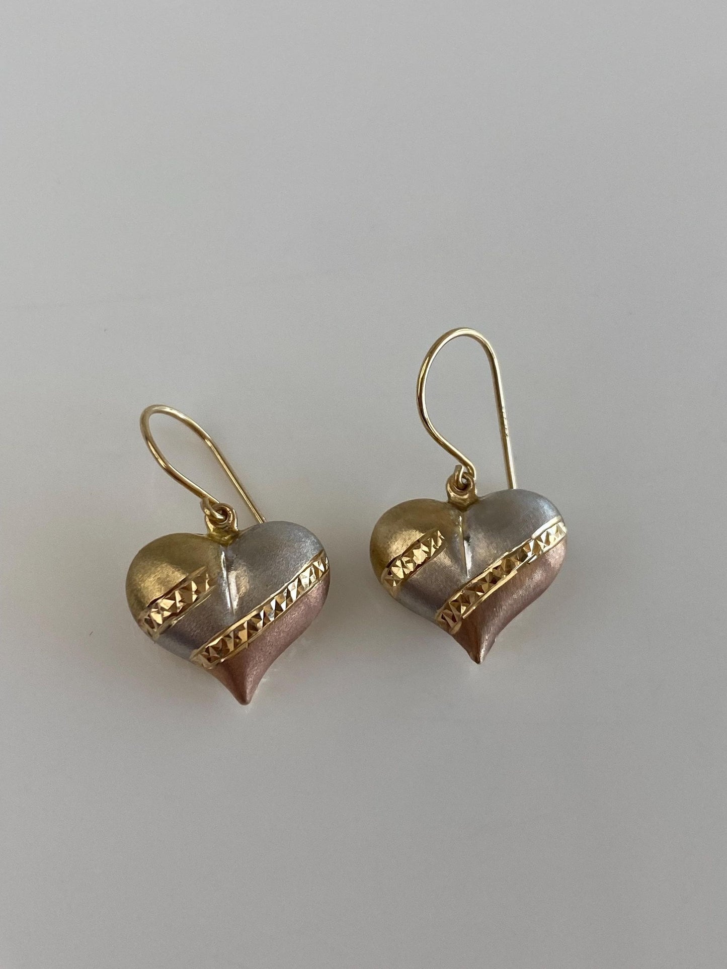 Vintage 14k Tri Tone Gold Puffy Heart Designed Dangle Earrings