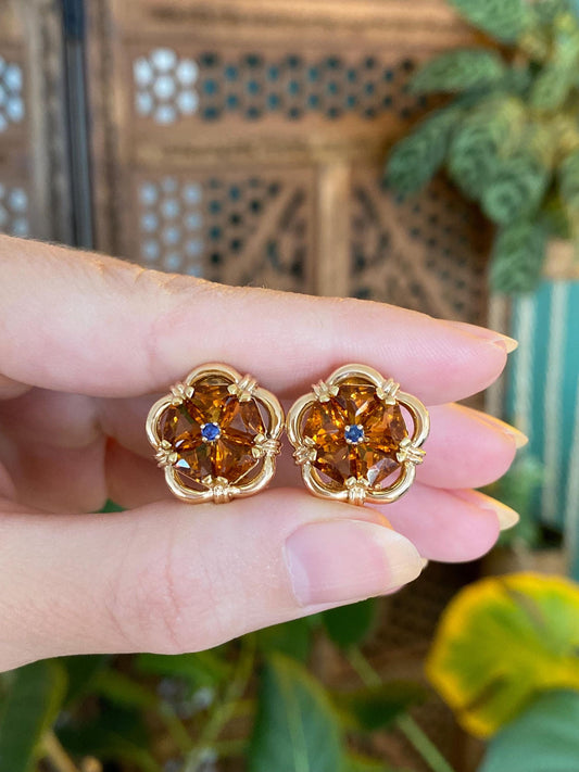 Vintage Solid 14k Yellow Gold Blue Sapphire Citrine Flower Stud Earrings
