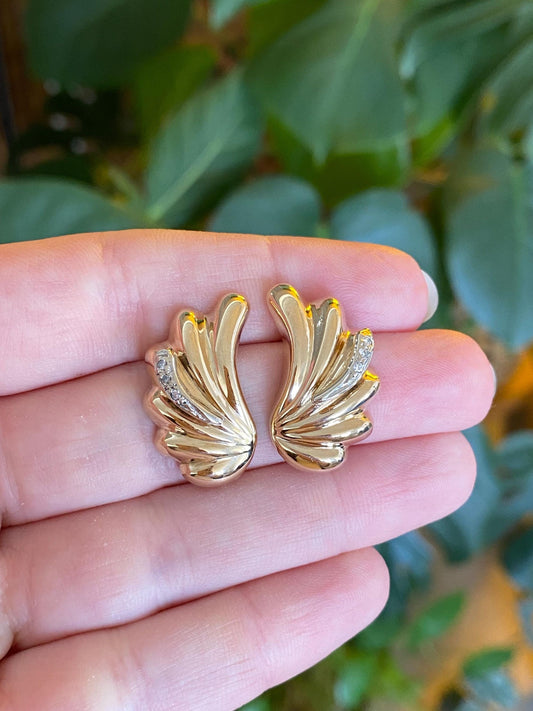 Vintage 14k White & Yellow Gold Diamond Scalloped Domed Earrings