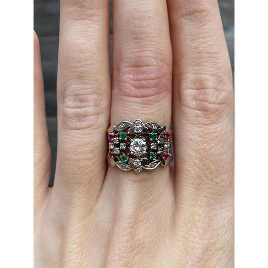 Vintage Solid 14k White Gold Diamond Pink Spinel Green Cubic Zirconia Ring - Size 6.5