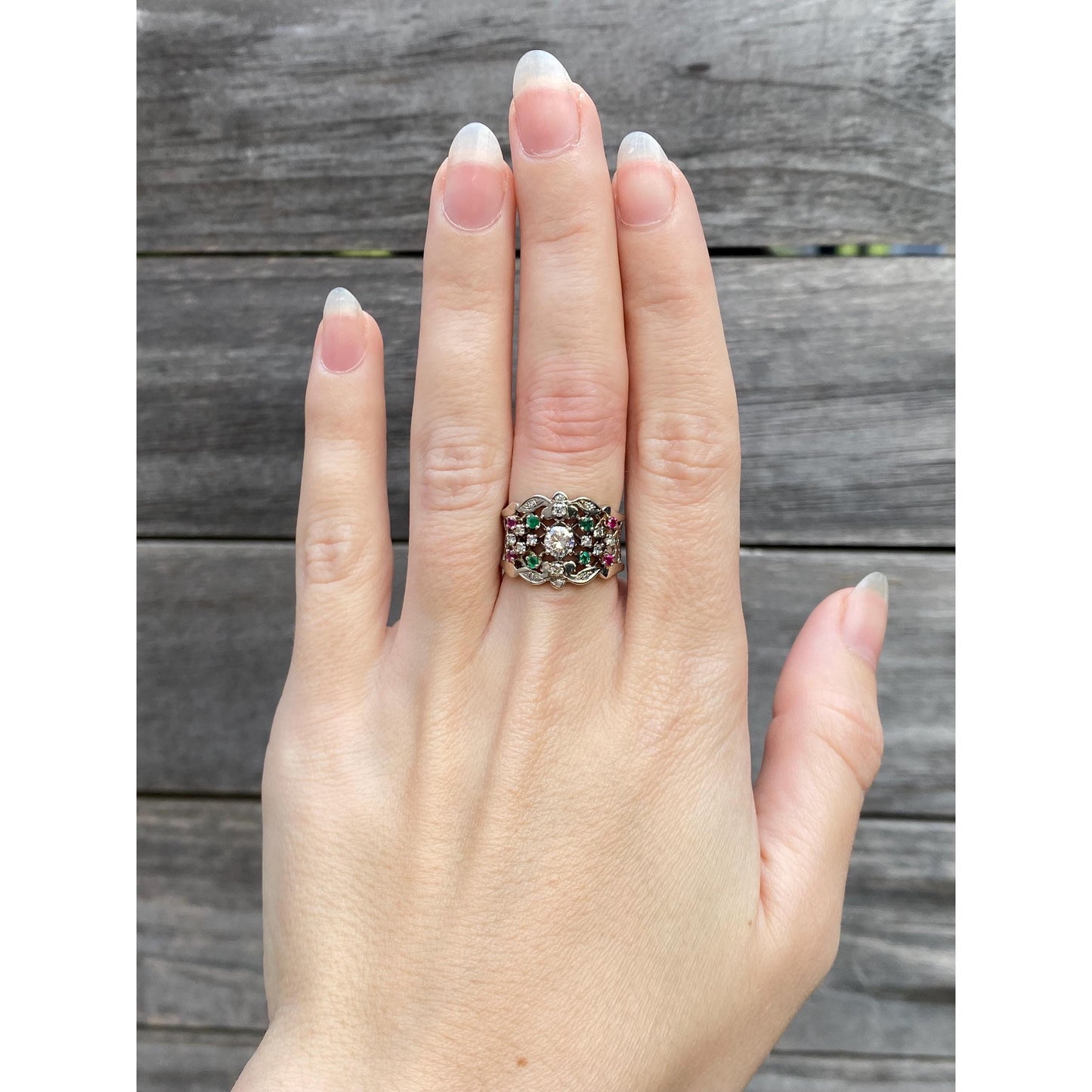 Vintage Solid 14k White Gold Diamond Pink Spinel Green Cubic Zirconia Ring - Size 6.5