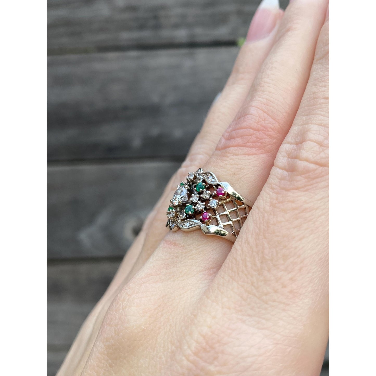 Vintage Solid 14k White Gold Diamond Pink Spinel Green Cubic Zirconia Ring - Size 6.5