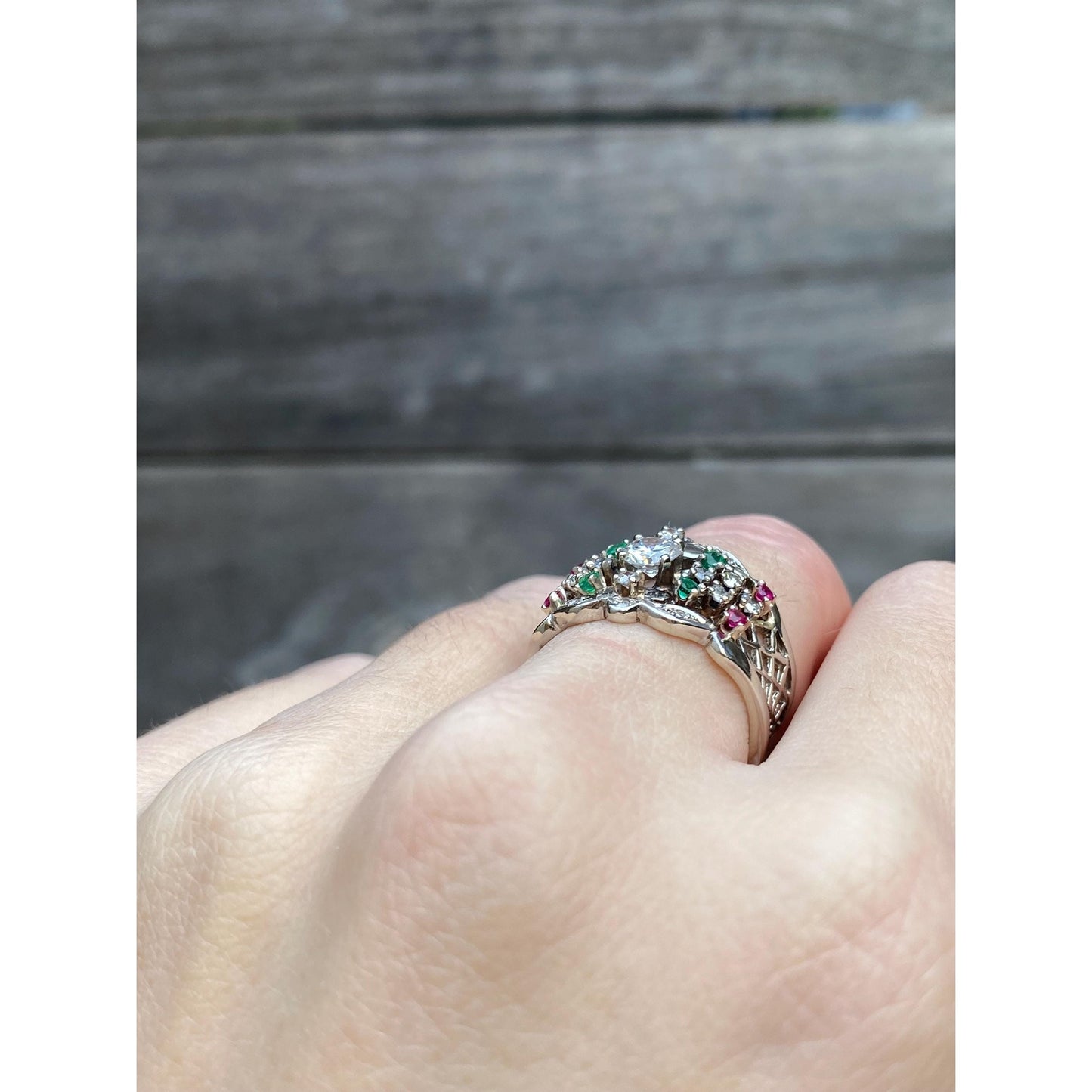 Vintage Solid 14k White Gold Diamond Pink Spinel Green Cubic Zirconia Ring - Size 6.5