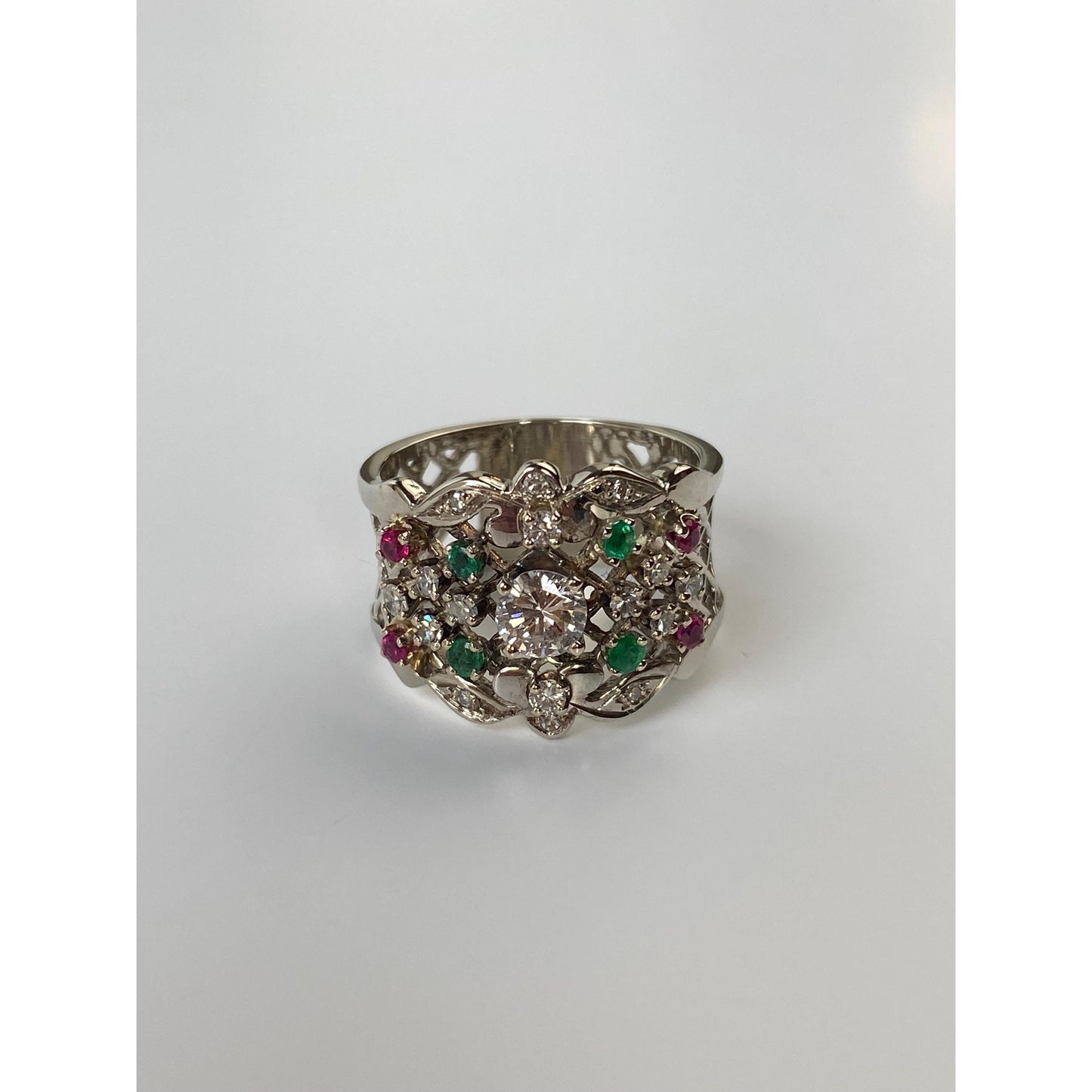 Vintage Solid 14k White Gold Diamond Pink Spinel Green Cubic Zirconia Ring - Size 6.5