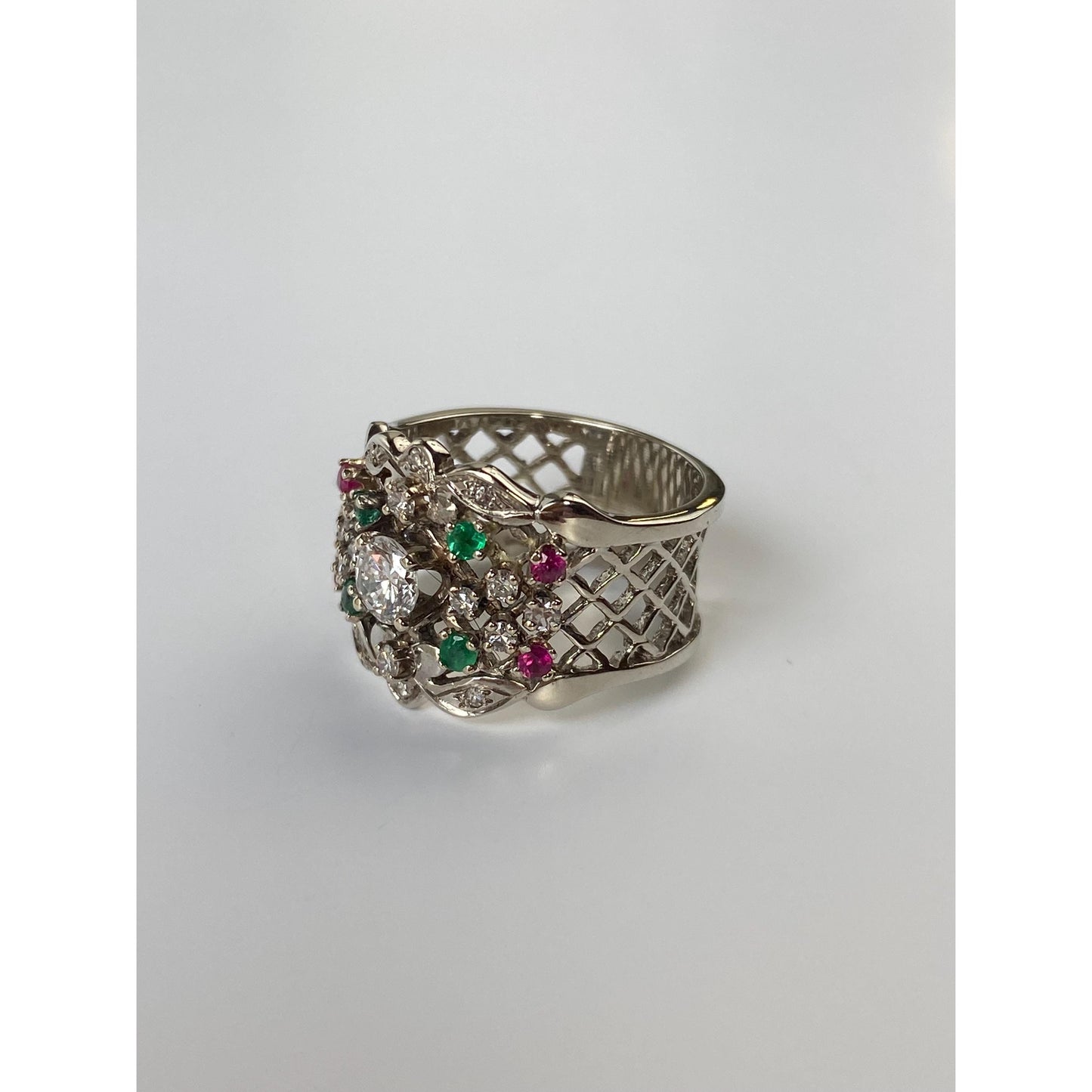 Vintage Solid 14k White Gold Diamond Pink Spinel Green Cubic Zirconia Ring - Size 6.5