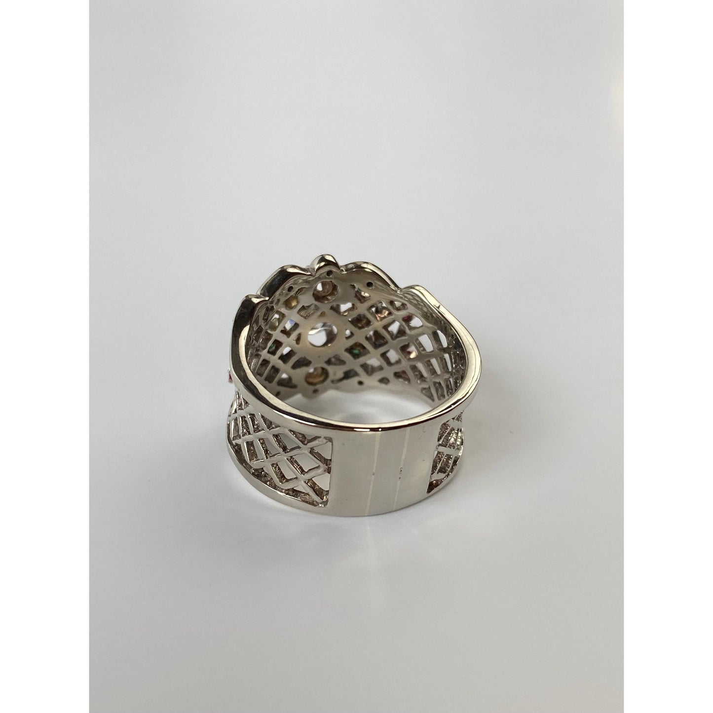 Vintage Solid 14k White Gold Diamond Pink Spinel Green Cubic Zirconia Ring - Size 6.5