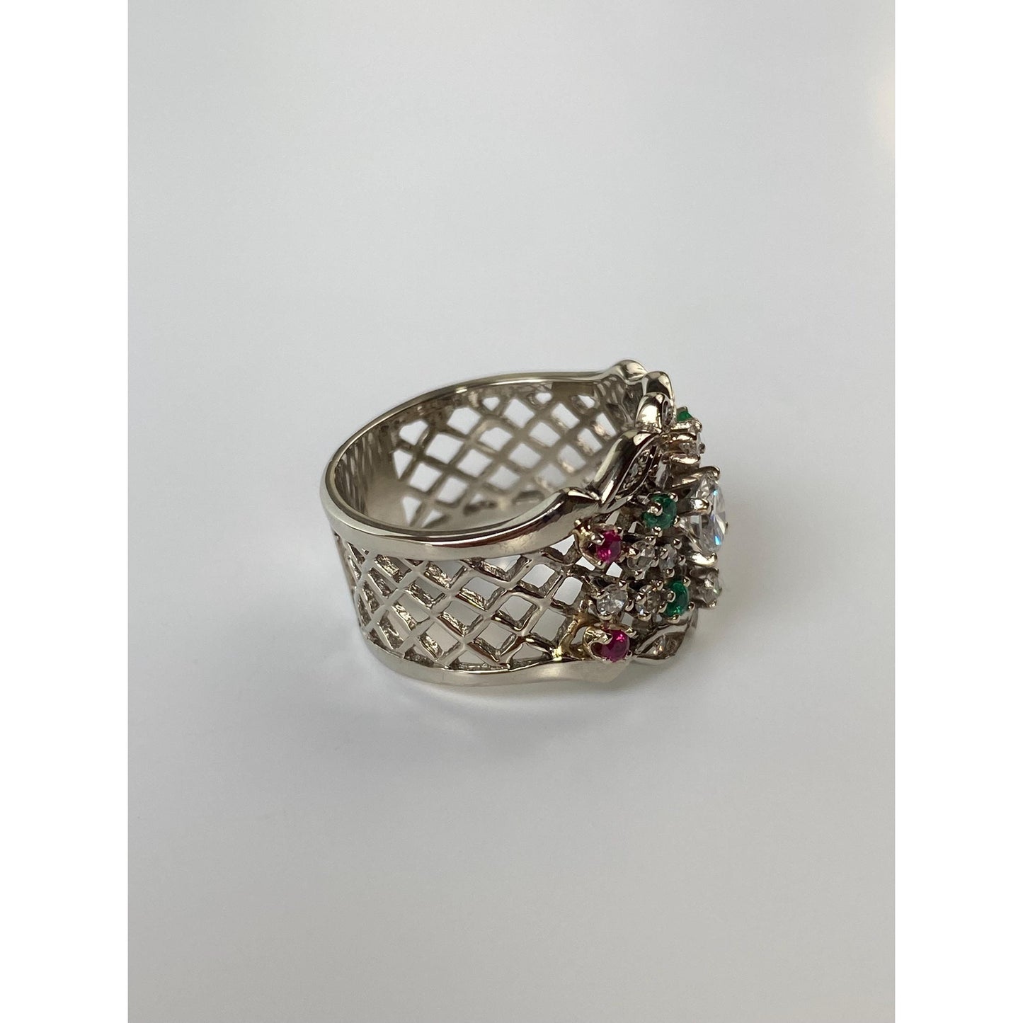 Vintage Solid 14k White Gold Diamond Pink Spinel Green Cubic Zirconia Ring - Size 6.5