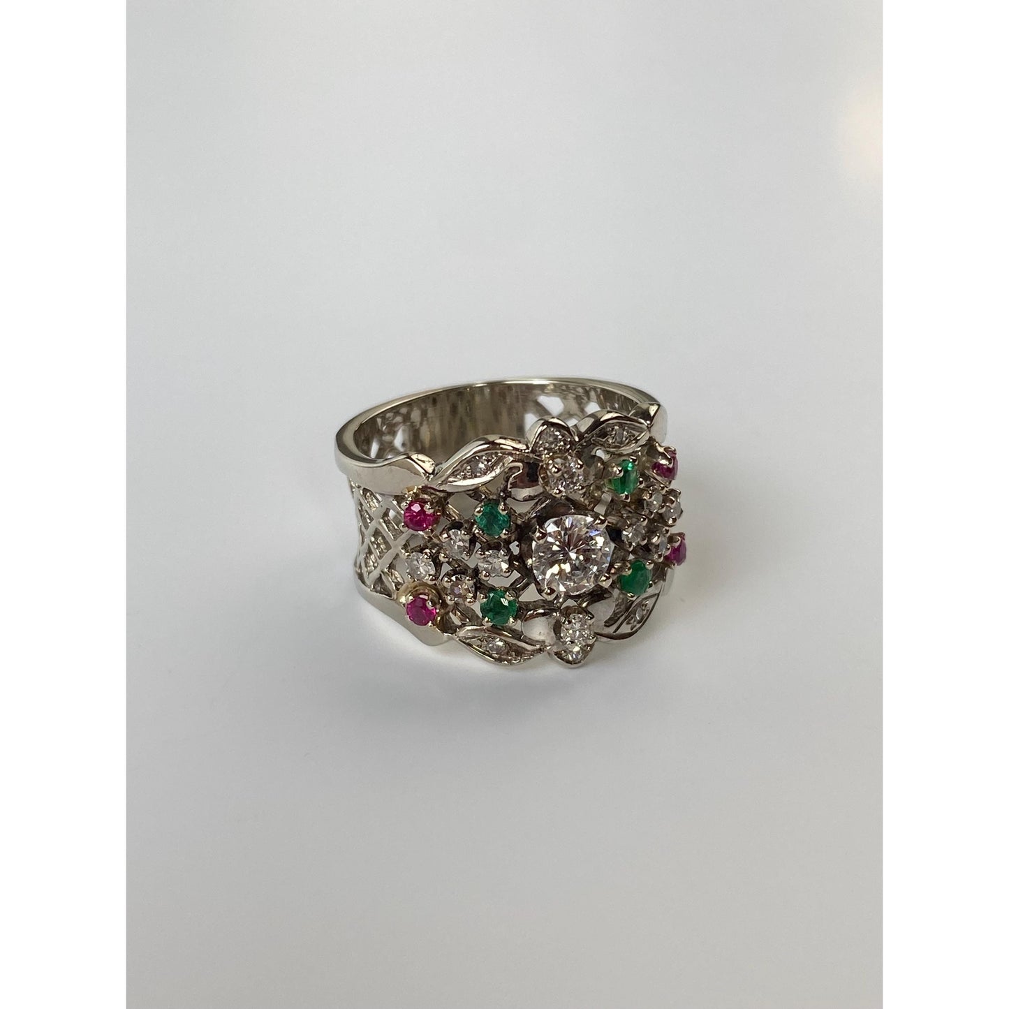 Vintage Solid 14k White Gold Diamond Pink Spinel Green Cubic Zirconia Ring - Size 6.5