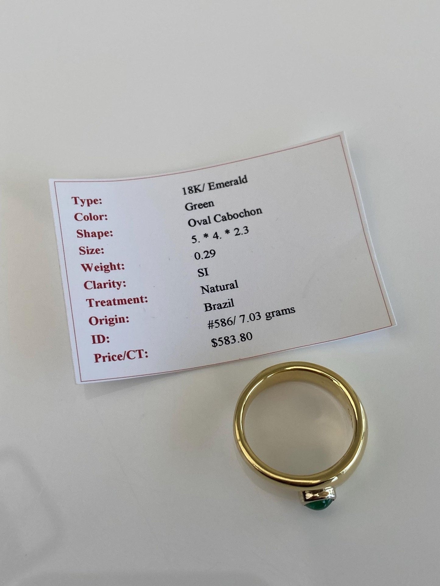Vintage Solid 18k Yellow Gold Emerald Cabochon Ring Band - Size 5.5