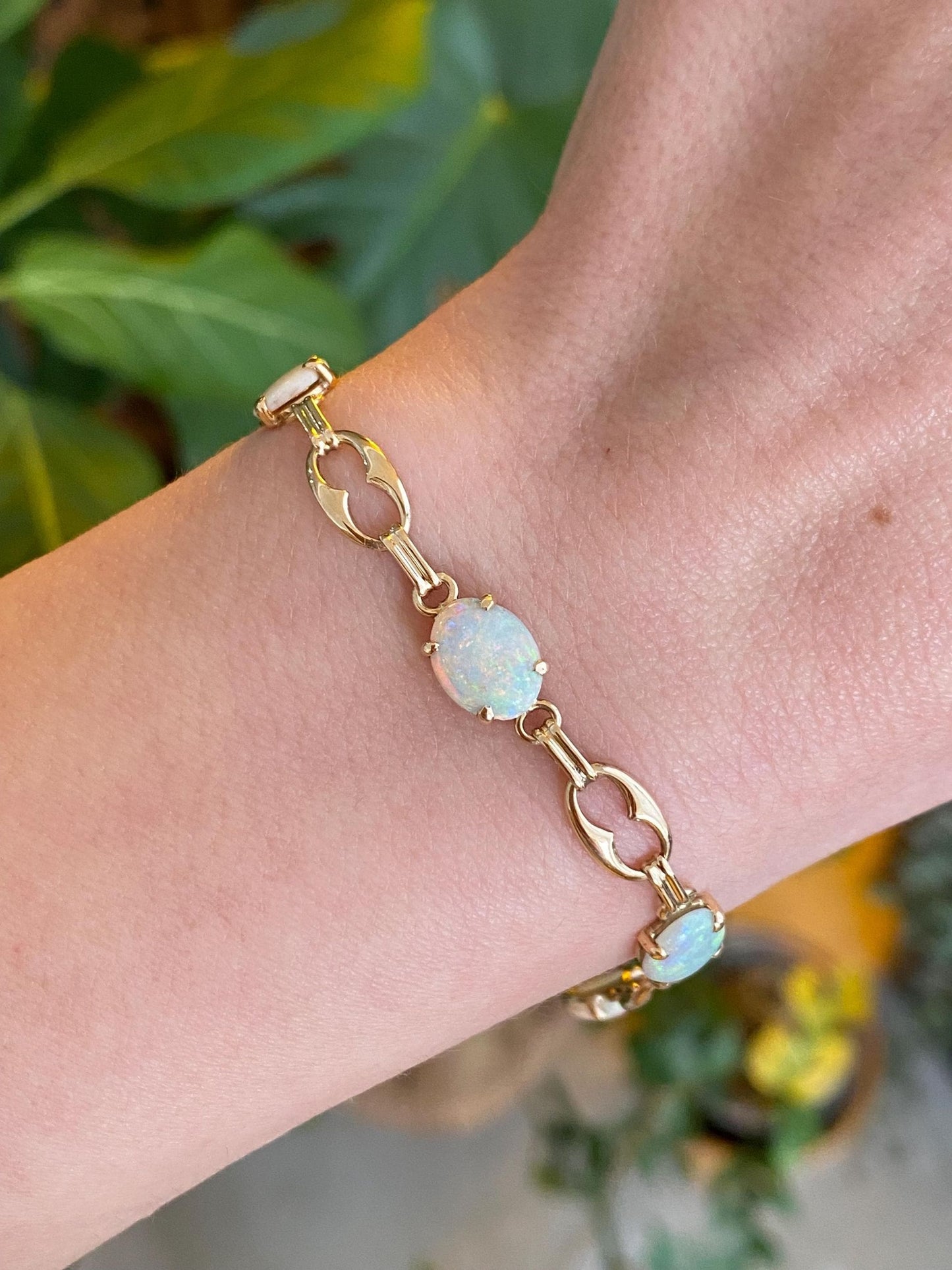 Vintage Solid 14k Yellow Gold Opal Link Bracelet - 7 inches