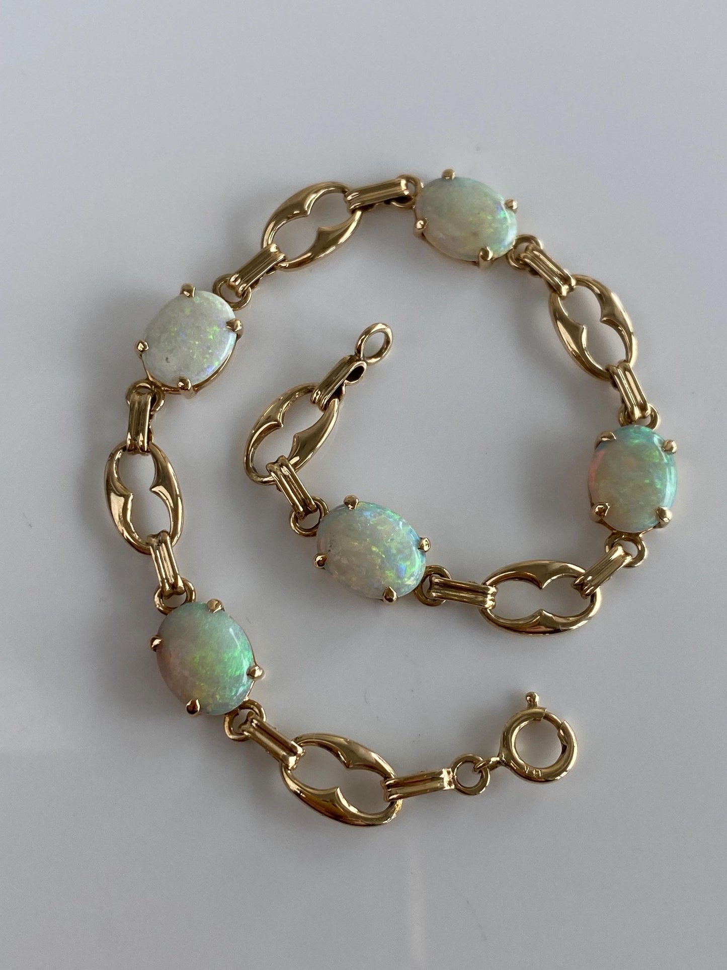 Vintage Solid 14k Yellow Gold Opal Link Bracelet - 7 inches