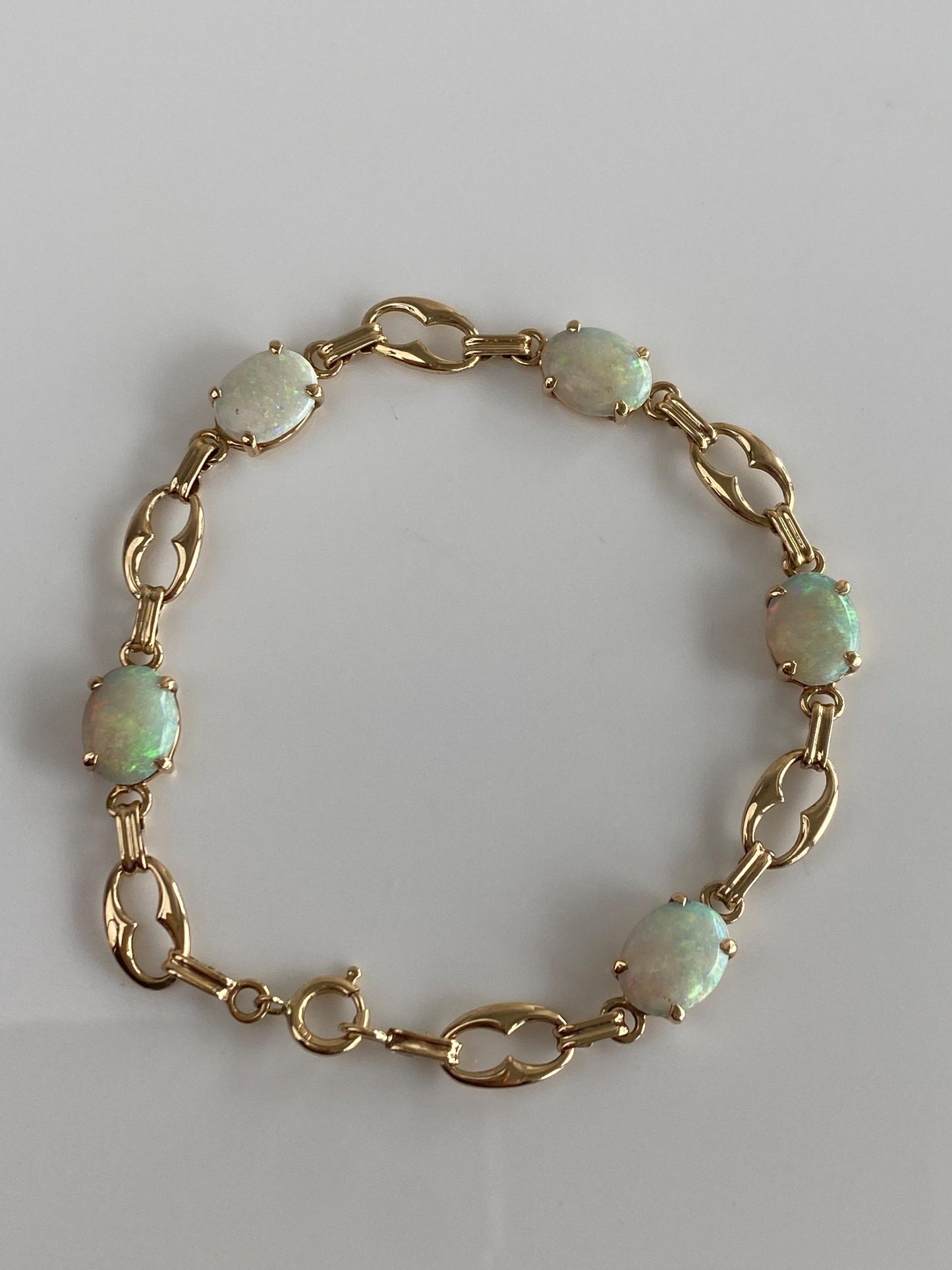 Vintage Solid 14k Yellow Gold Opal Link Bracelet - 7 inches
