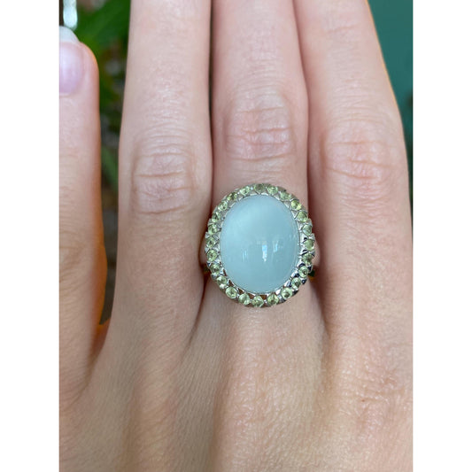 Vintage Solid 18k White Gold Moonstone Green Quartz Ring - Size 5.75