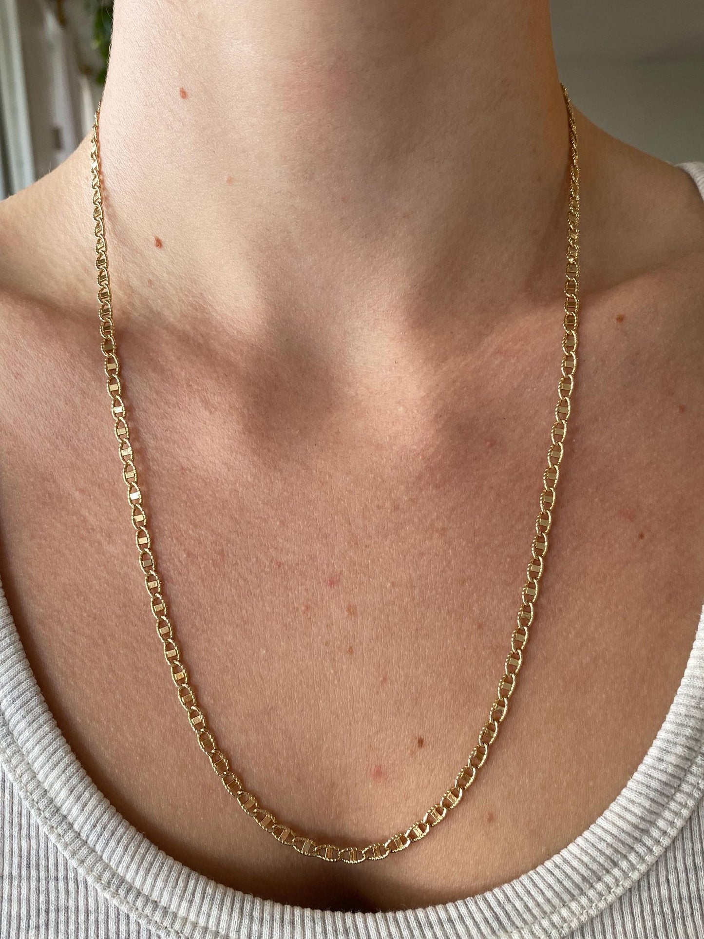 Vintage Solid 14k Yellow Gold Textured Mariner Link Chain Necklace - 22 inches