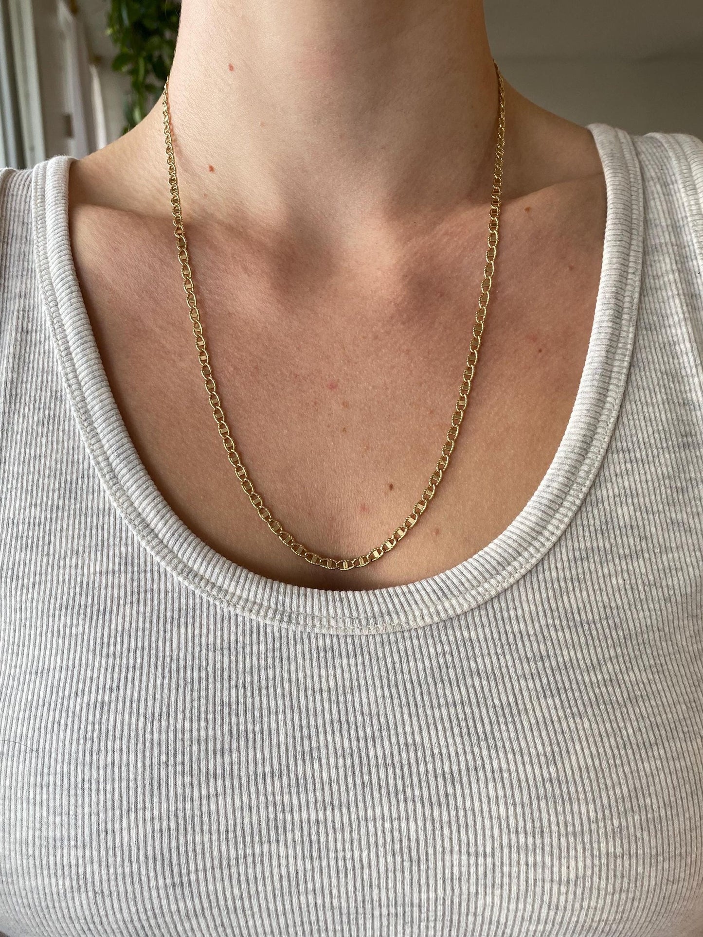 Vintage Solid 14k Yellow Gold Textured Mariner Link Chain Necklace - 22 inches