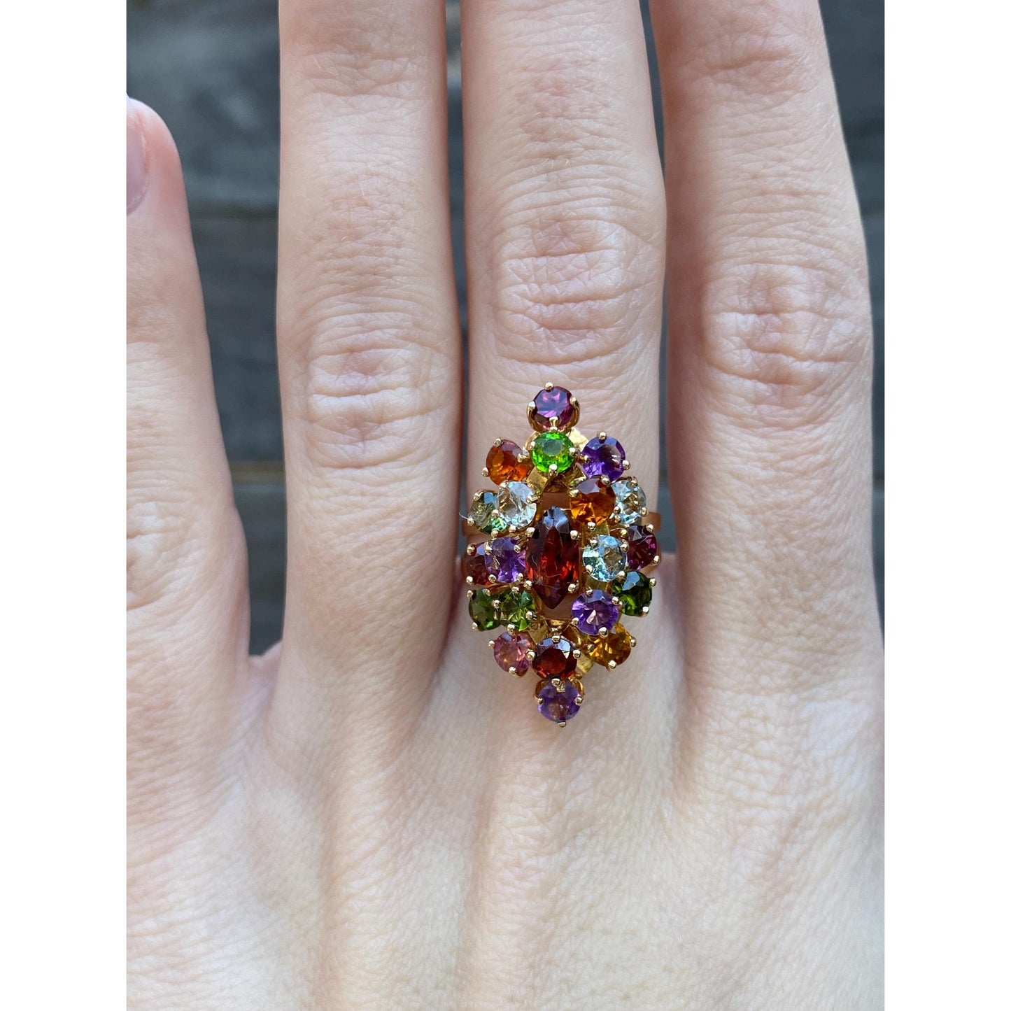 Solid 18k Yellow Gold Garnet Clear Quartz Pink Tourmaline Green Cubic Zirconia Ring - Size 6.25
