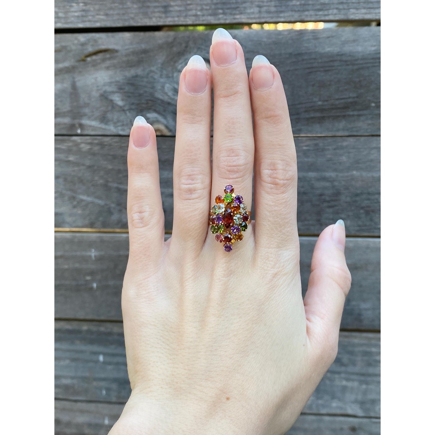 Solid 18k Yellow Gold Garnet Clear Quartz Pink Tourmaline Green Cubic Zirconia Ring - Size 6.25