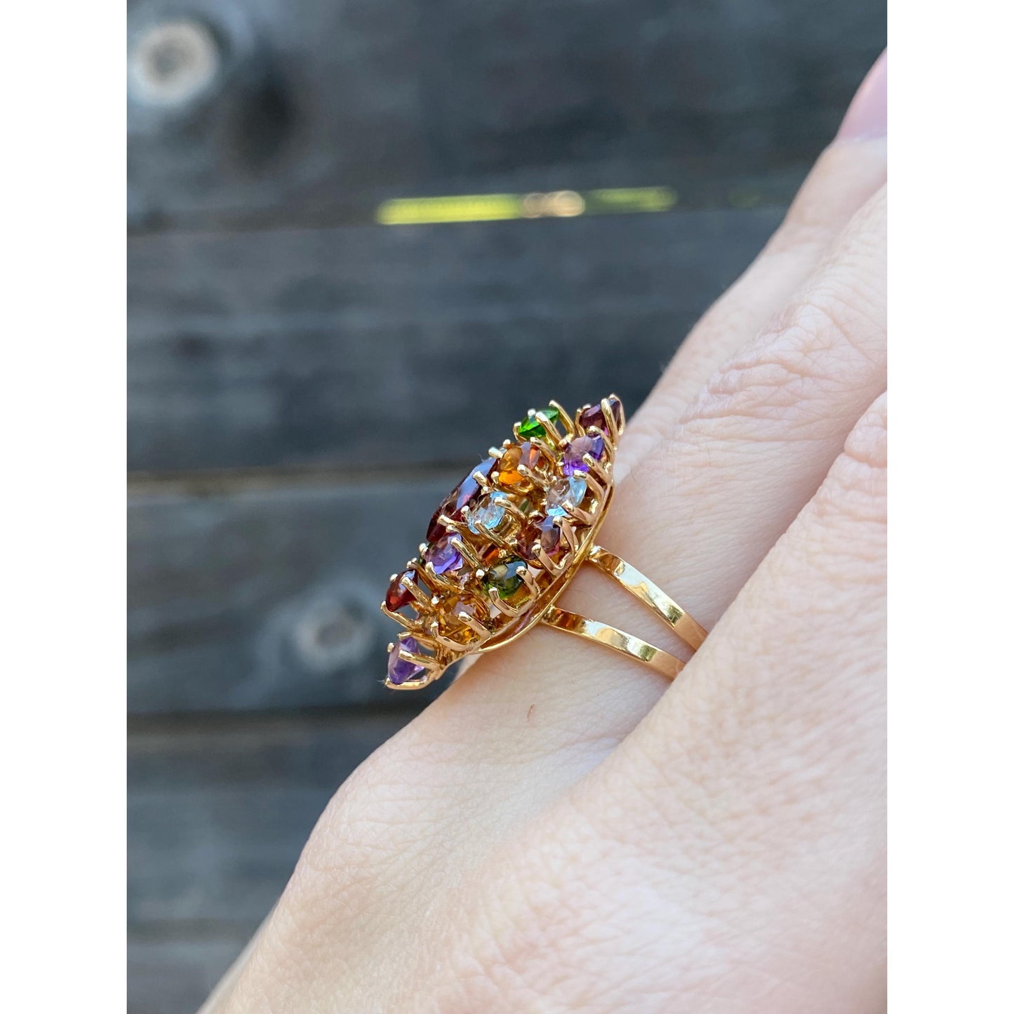 Solid 18k Yellow Gold Garnet Clear Quartz Pink Tourmaline Green Cubic Zirconia Ring - Size 6.25