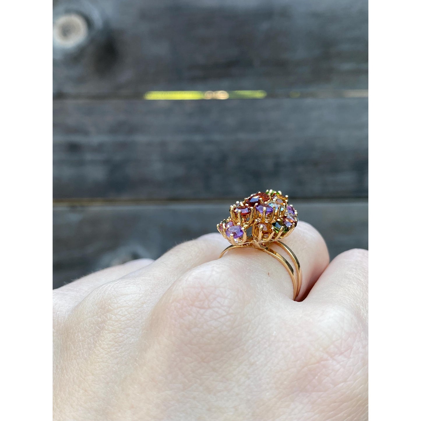 Solid 18k Yellow Gold Garnet Clear Quartz Pink Tourmaline Green Cubic Zirconia Ring - Size 6.25