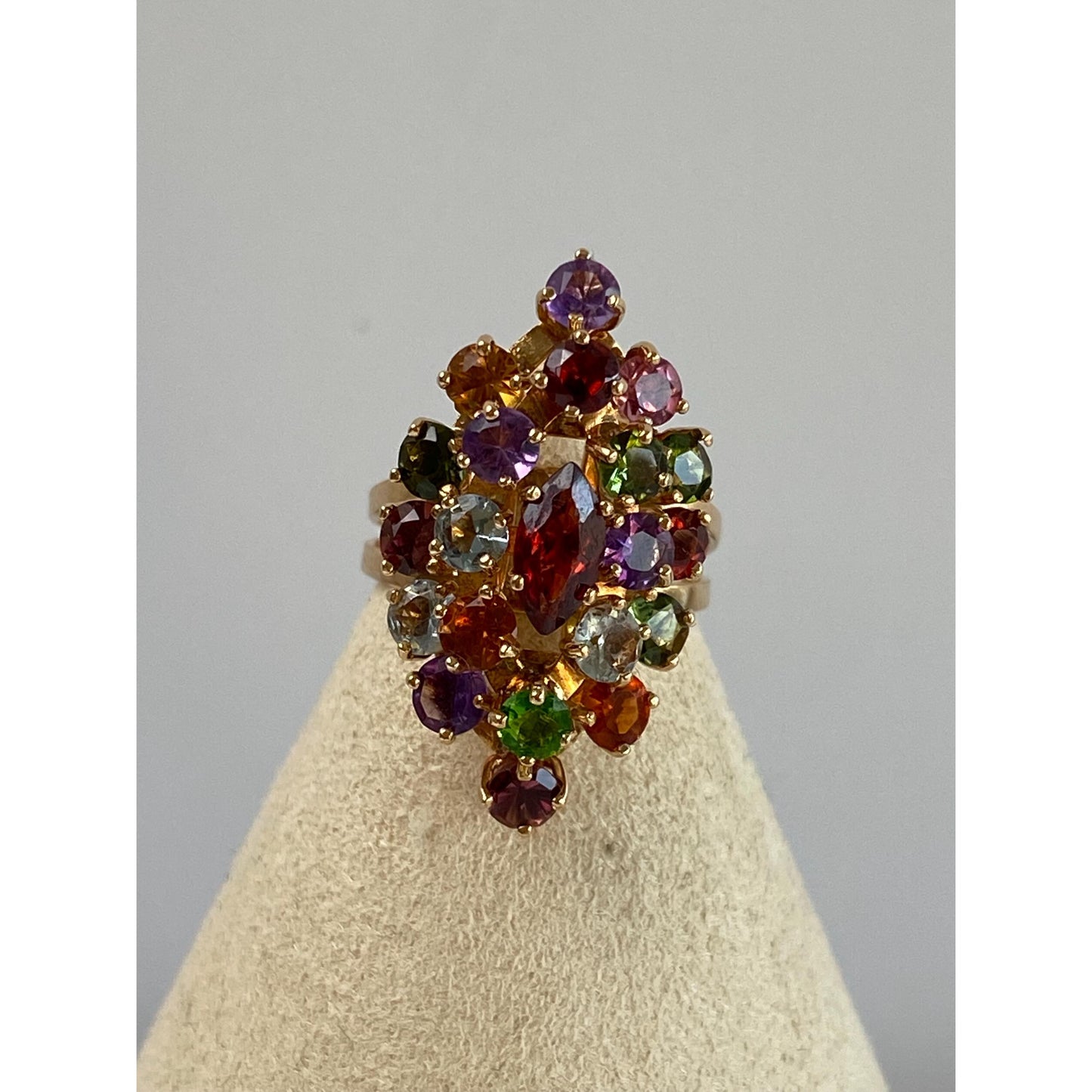 Solid 18k Yellow Gold Garnet Clear Quartz Pink Tourmaline Green Cubic Zirconia Ring - Size 6.25