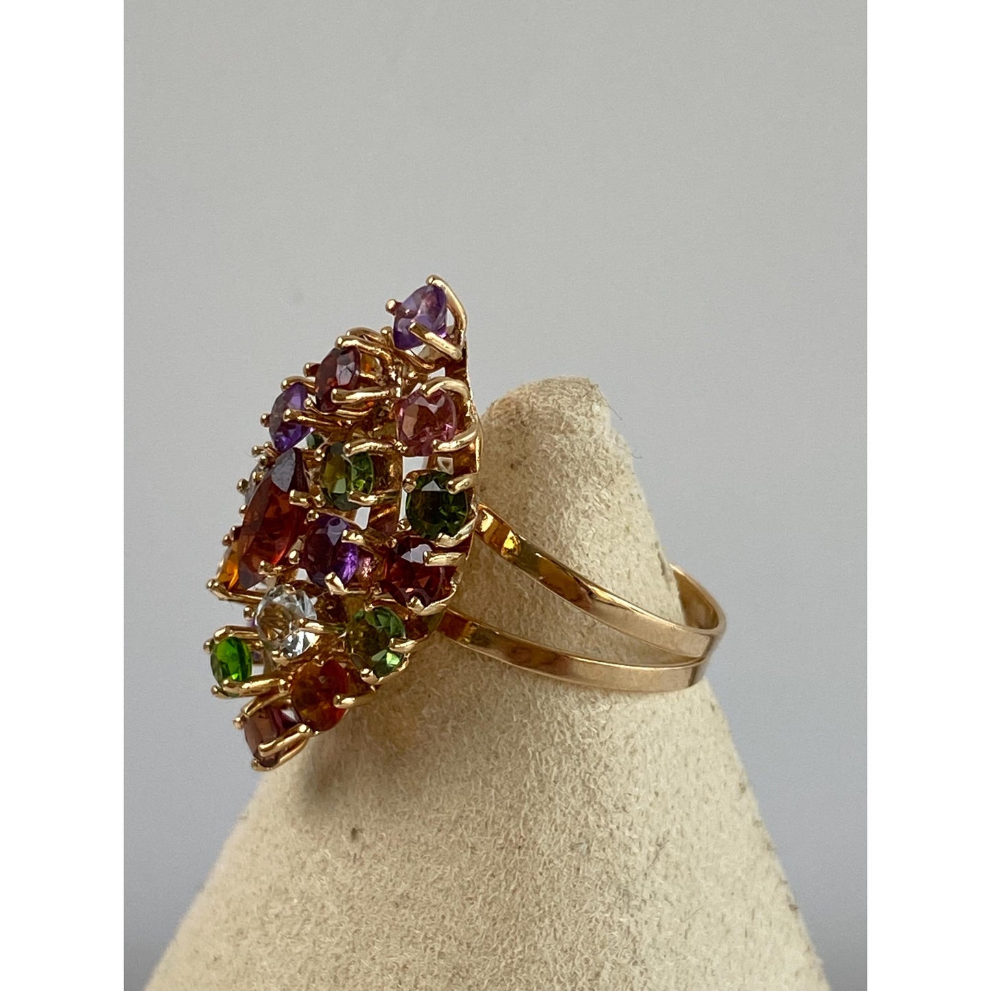 Solid 18k Yellow Gold Garnet Clear Quartz Pink Tourmaline Green Cubic Zirconia Ring - Size 6.25