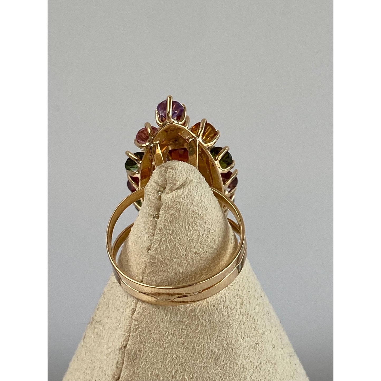 Solid 18k Yellow Gold Garnet Clear Quartz Pink Tourmaline Green Cubic Zirconia Ring - Size 6.25