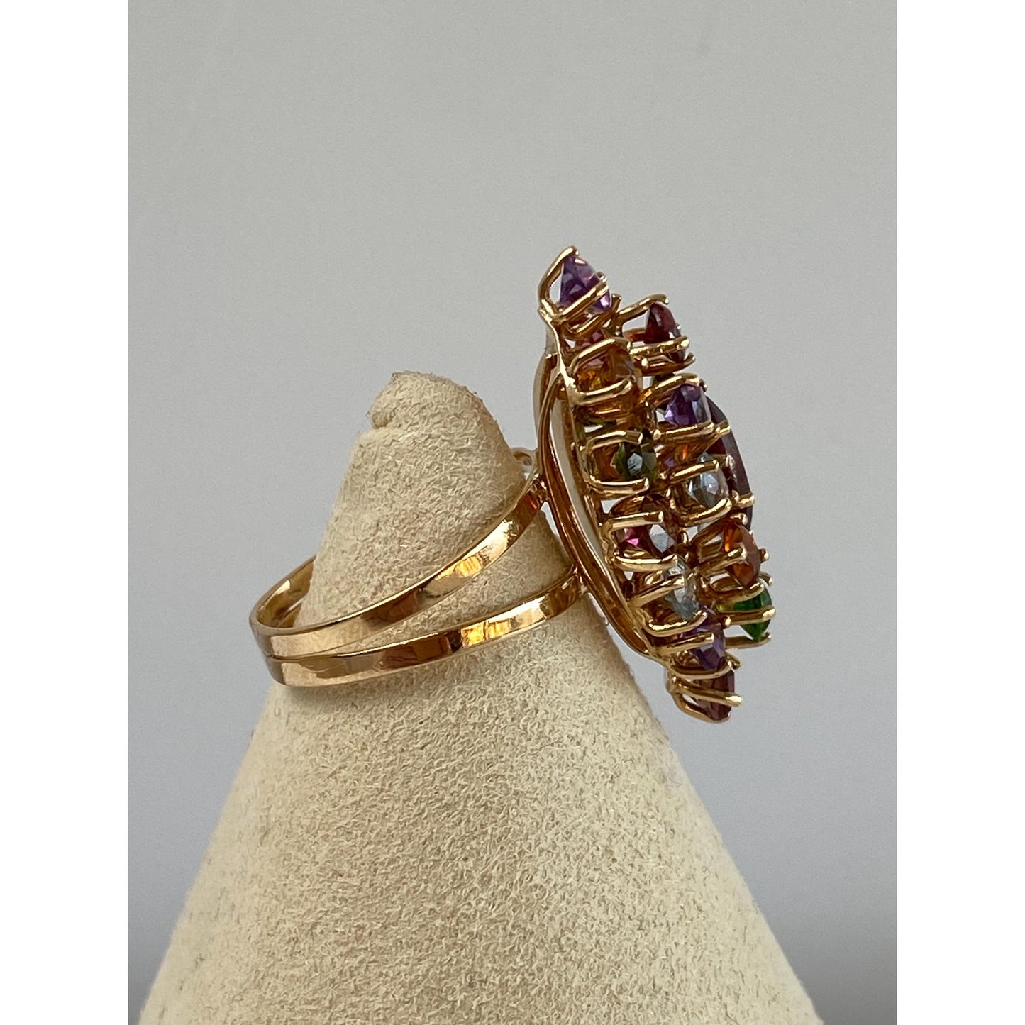 Solid 18k Yellow Gold Garnet Clear Quartz Pink Tourmaline Green Cubic Zirconia Ring - Size 6.25