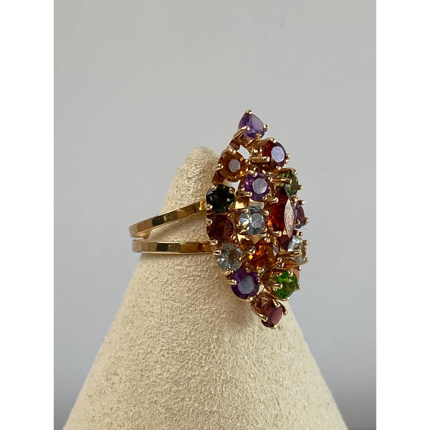 Solid 18k Yellow Gold Garnet Clear Quartz Pink Tourmaline Green Cubic Zirconia Ring - Size 6.25