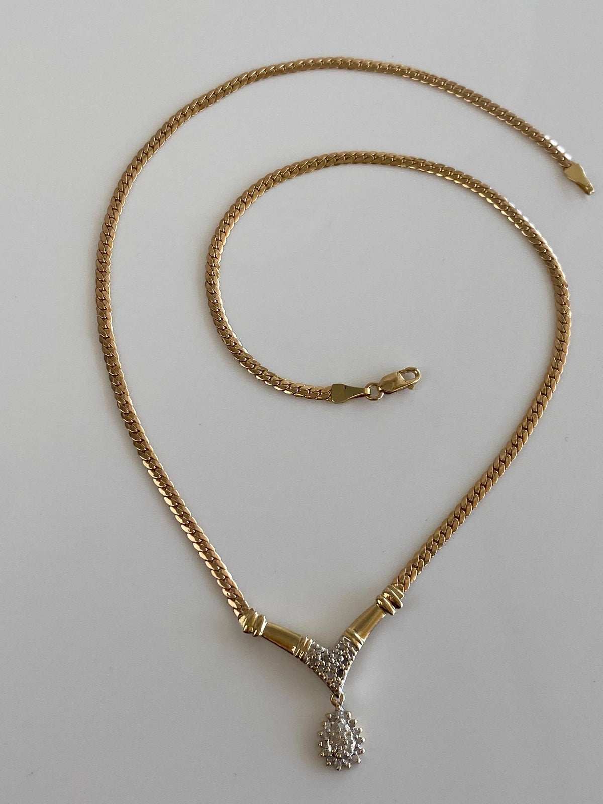 Vintage Solid 14k White & Yellow Gold Diamond Flat Chain Necklace - 17.25 inches