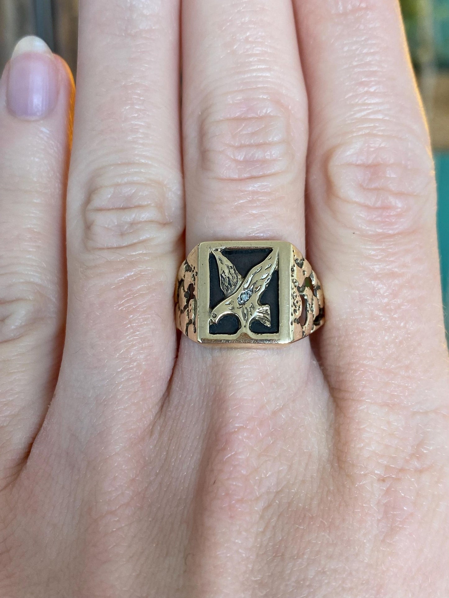 Vintage Solid 10k Yellow Gold Clear Sapphire Eagle Signet Ring - Size 10