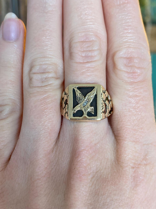 Vintage Solid 10k Yellow Gold Clear Sapphire Eagle Signet Ring - Size 10