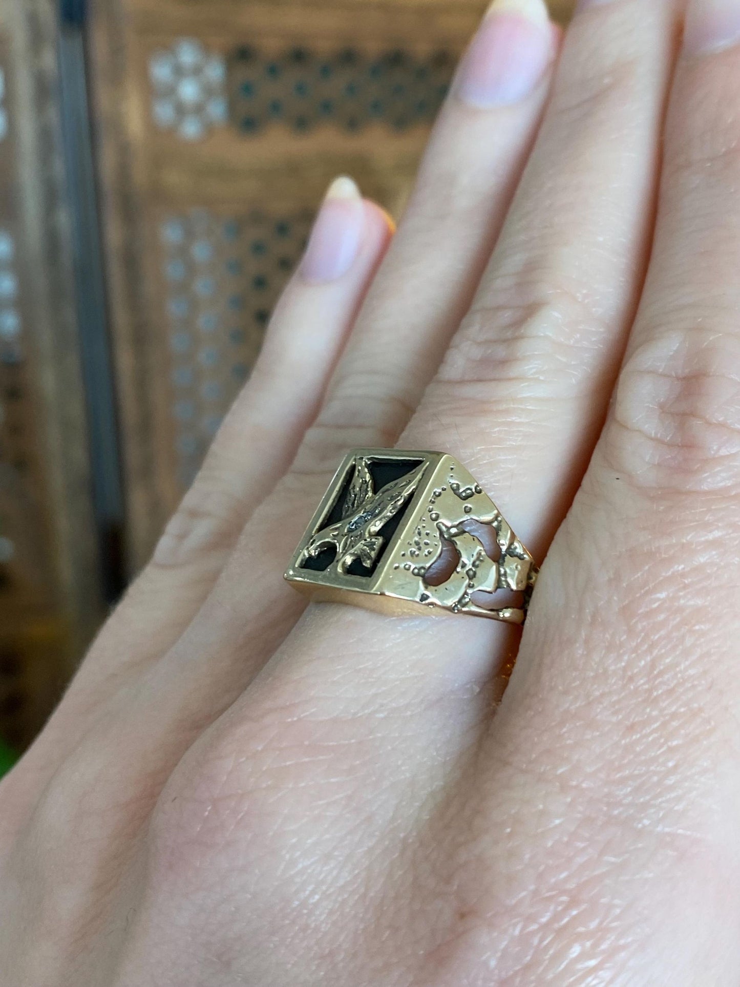 Vintage Solid 10k Yellow Gold Clear Sapphire Eagle Signet Ring - Size 10