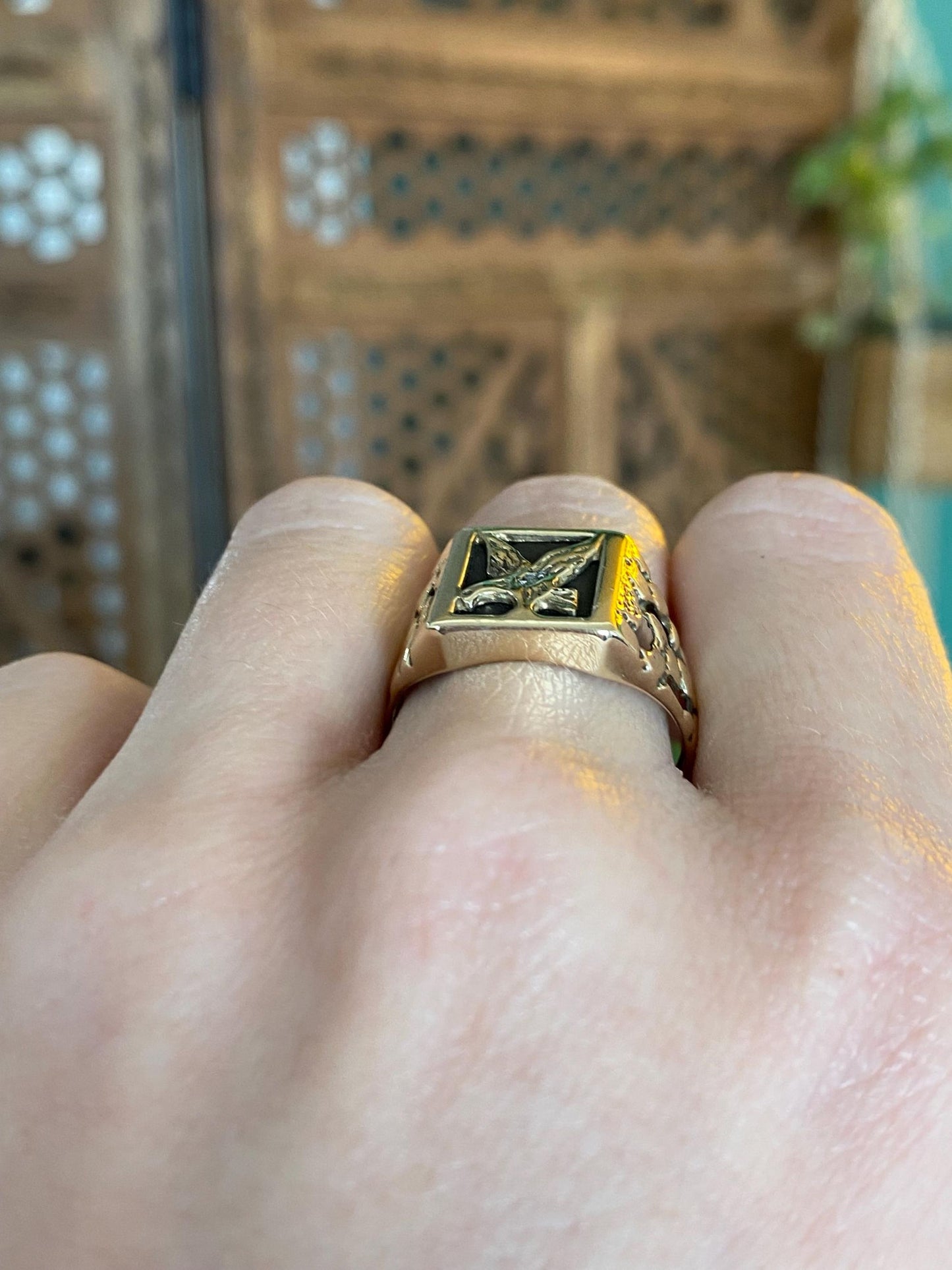 Vintage Solid 10k Yellow Gold Clear Sapphire Eagle Signet Ring - Size 10