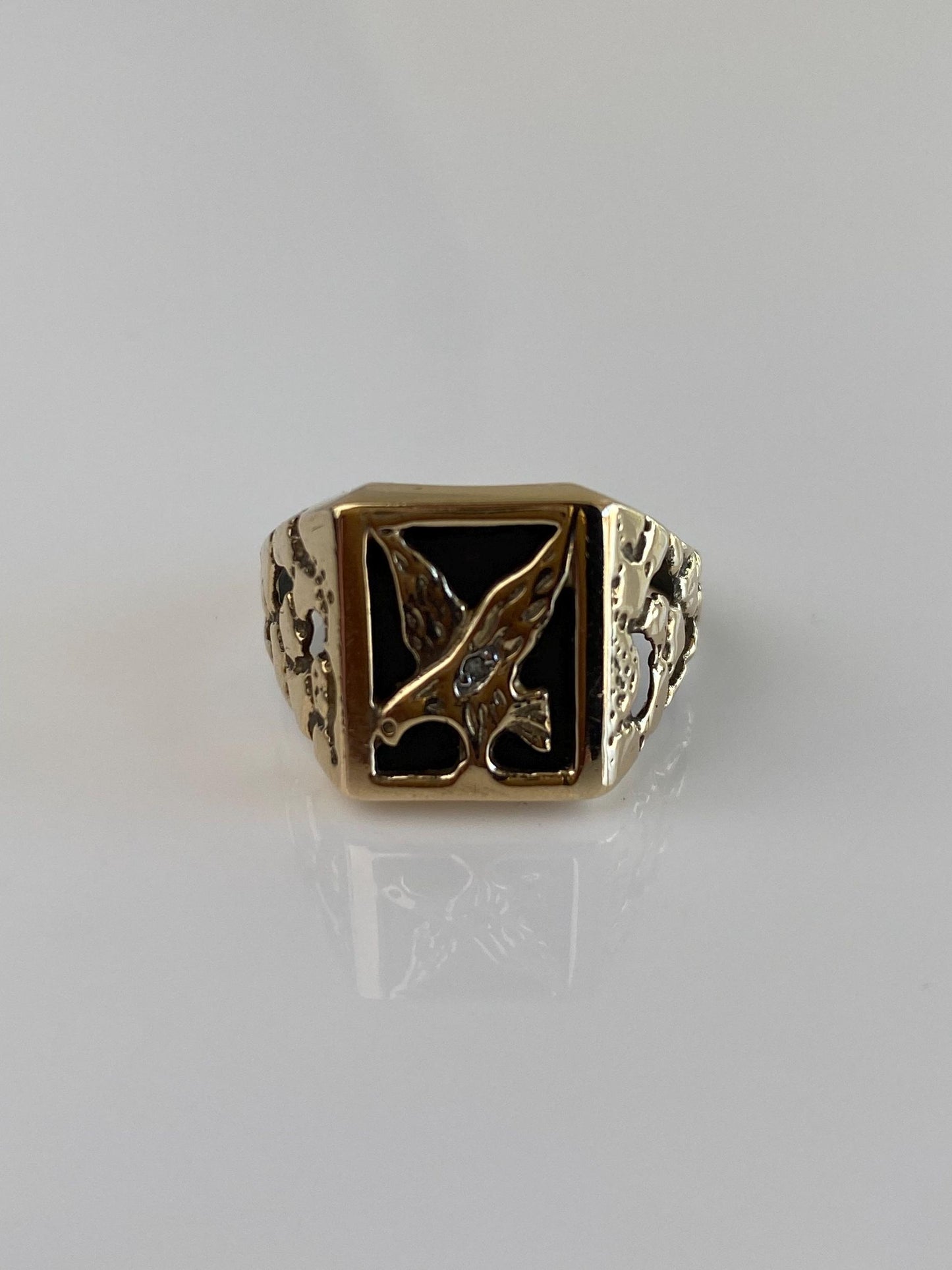 Vintage Solid 10k Yellow Gold Clear Sapphire Eagle Signet Ring - Size 10