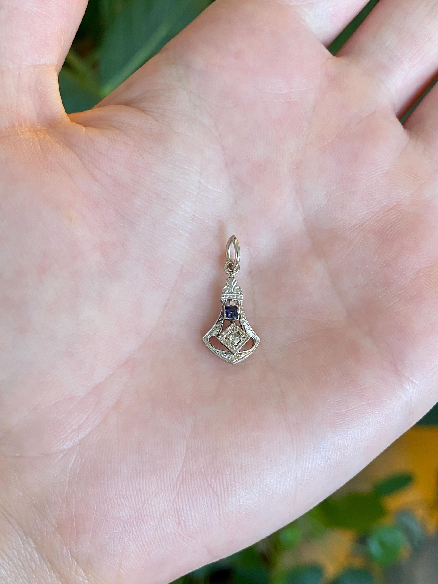Solid 14k White Gold Clear Sapphire Blue Cubic Zirconia Art Deco Stick Pin Conversion Charm