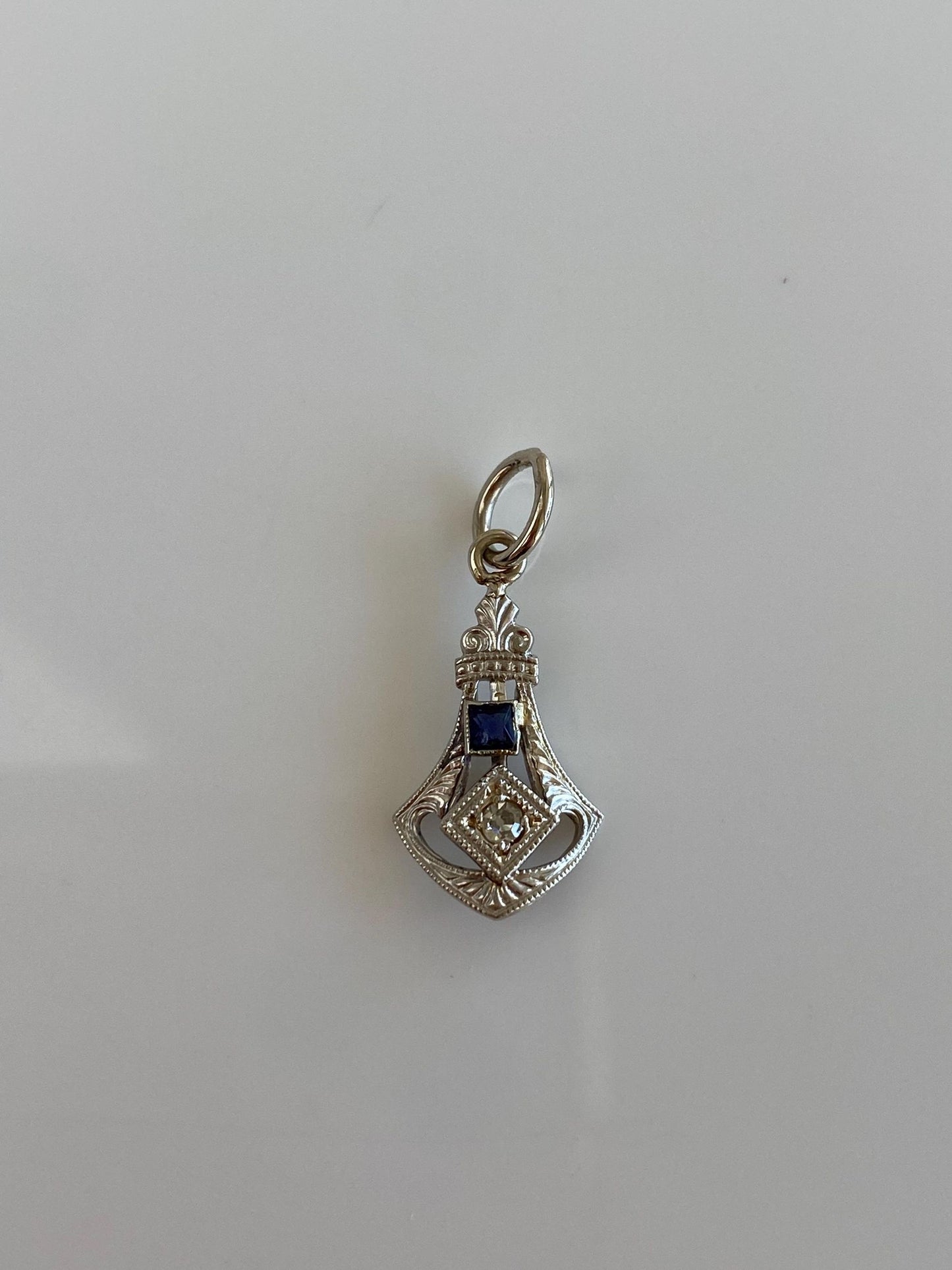 Solid 14k White Gold Clear Sapphire Blue Cubic Zirconia Art Deco Stick Pin Conversion Charm