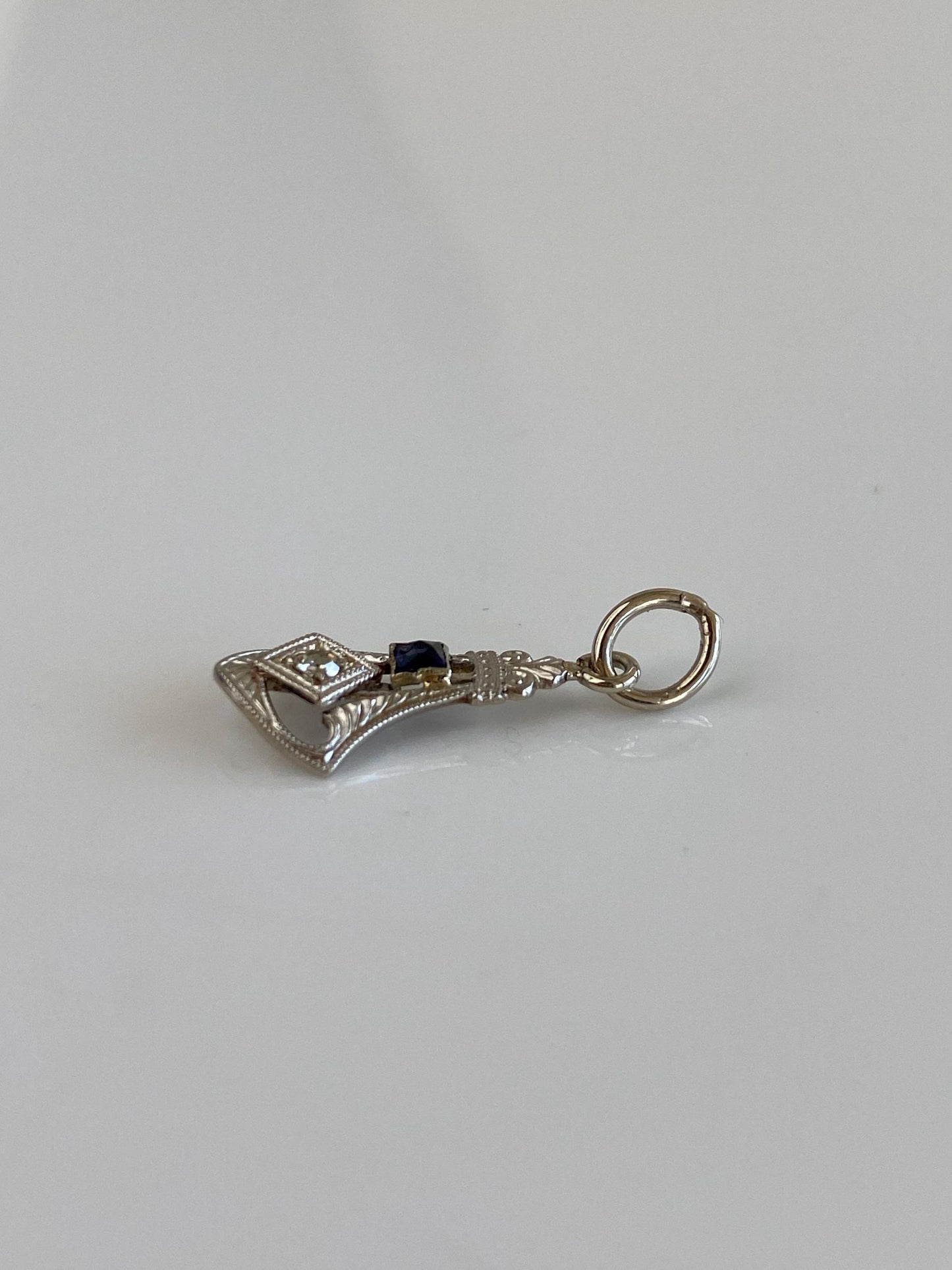 Solid 14k White Gold Clear Sapphire Blue Cubic Zirconia Art Deco Stick Pin Conversion Charm