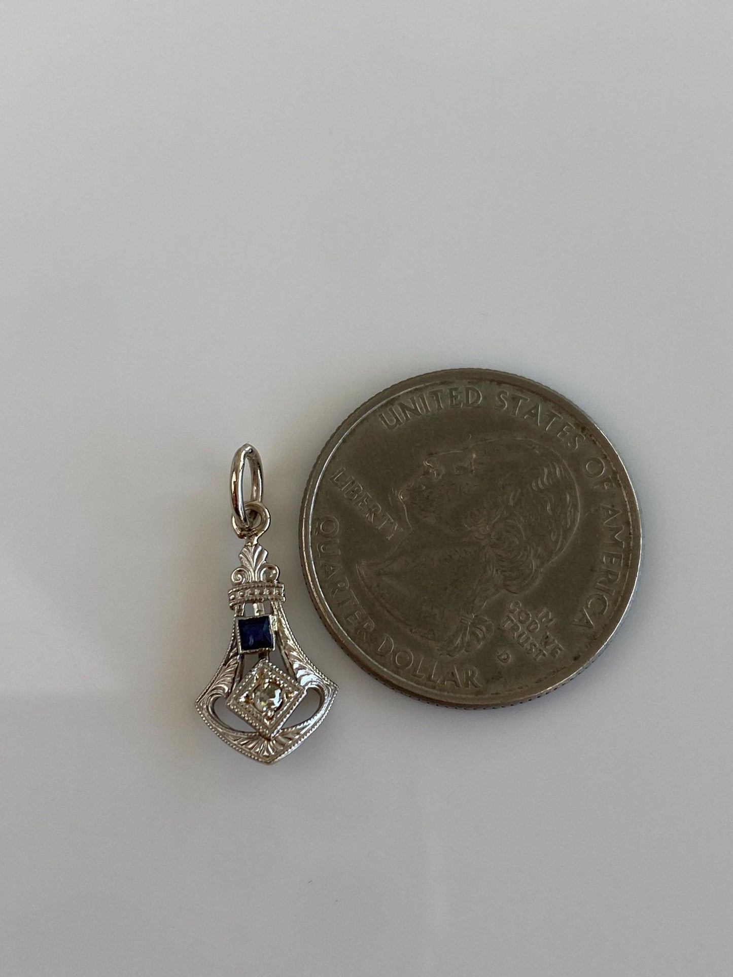 Solid 14k White Gold Clear Sapphire Blue Cubic Zirconia Art Deco Stick Pin Conversion Charm