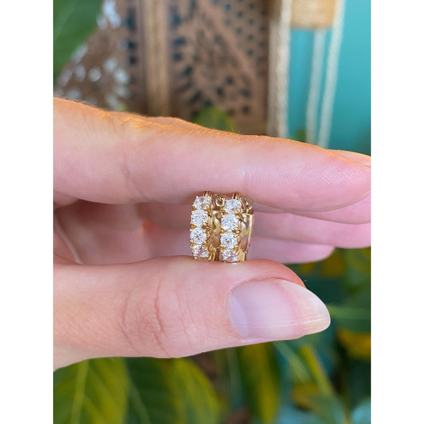 Vintage Solid 14k Yellow Gold Cubic Zirconia Huggie Hoop Earrings