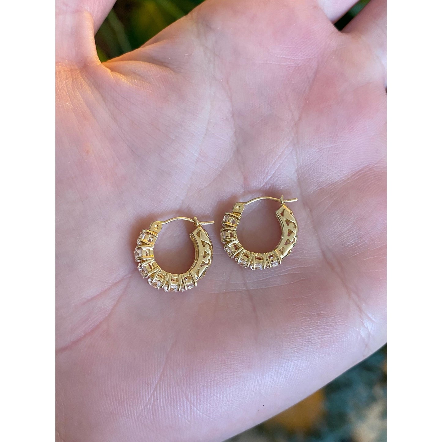 Vintage Solid 14k Yellow Gold Cubic Zirconia Huggie Hoop Earrings