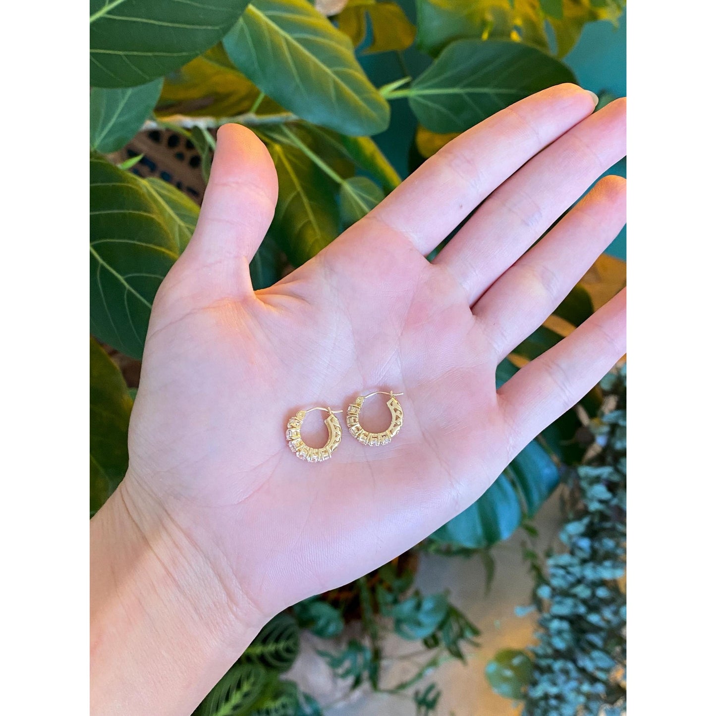 Vintage Solid 14k Yellow Gold Cubic Zirconia Huggie Hoop Earrings