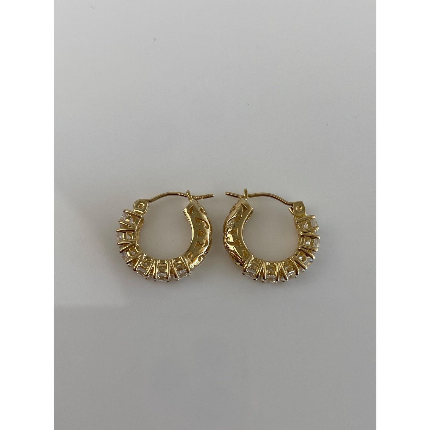 Vintage Solid 14k Yellow Gold Cubic Zirconia Huggie Hoop Earrings