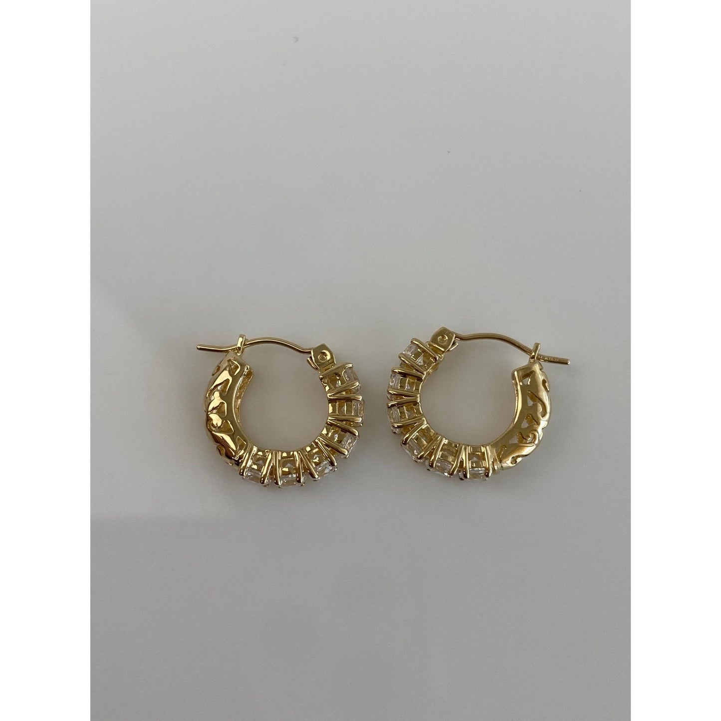 Vintage Solid 14k Yellow Gold Cubic Zirconia Huggie Hoop Earrings