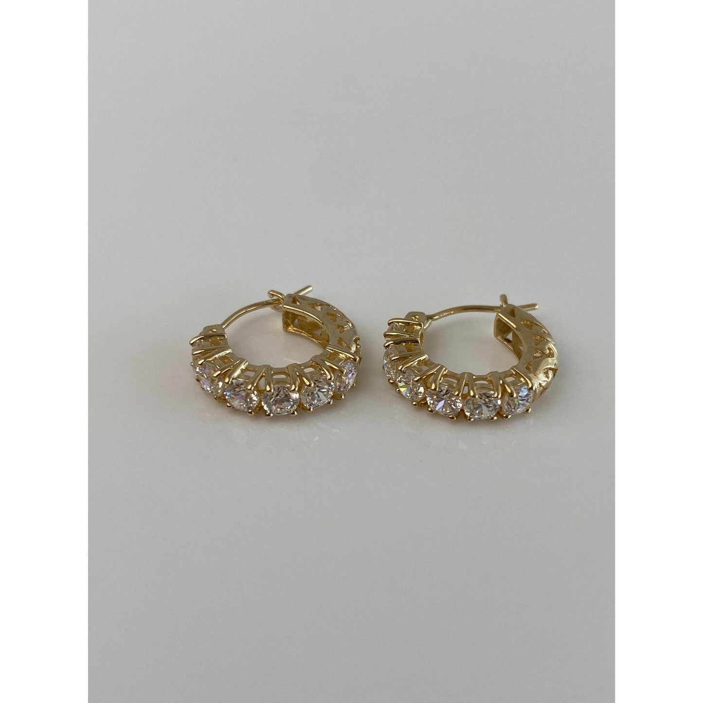 Vintage Solid 14k Yellow Gold Cubic Zirconia Huggie Hoop Earrings