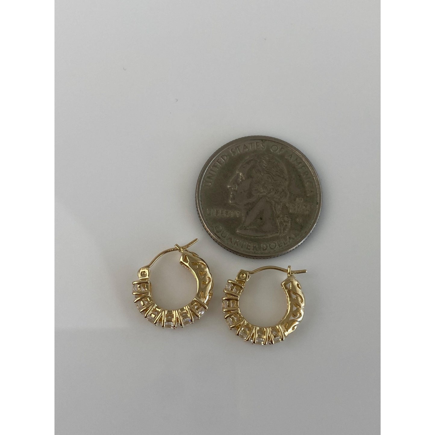 Vintage Solid 14k Yellow Gold Cubic Zirconia Huggie Hoop Earrings