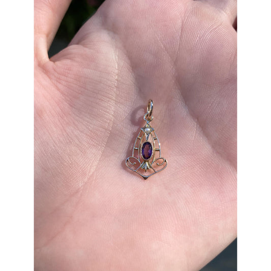 Vintage Solid 10k Yellow Gold Purple Cubic Zirconia Seed Pearl Stick Pin Conversion Charm