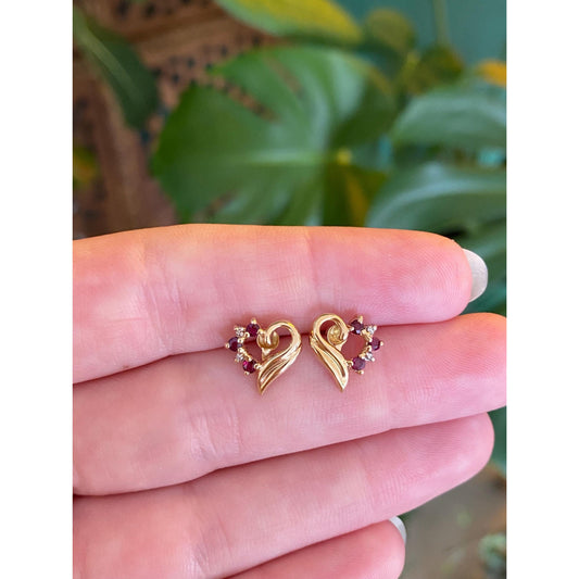 Vintage Solid 14k Yellow Gold Diamond Ruby Heart Stud Earrings