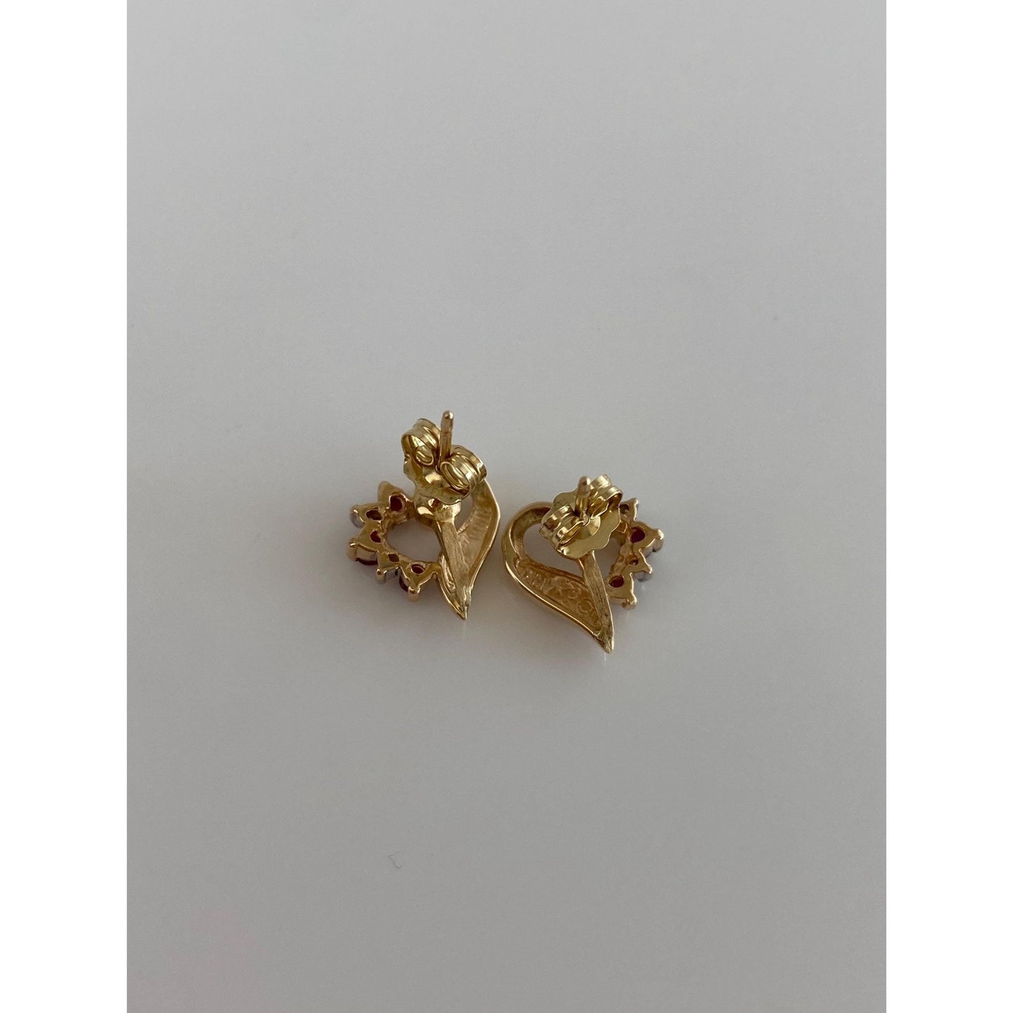 Vintage Solid 14k Yellow Gold Diamond Ruby Heart Stud Earrings