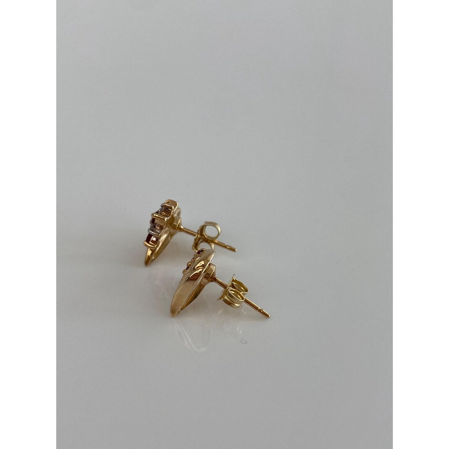 Vintage Solid 14k Yellow Gold Diamond Ruby Heart Stud Earrings