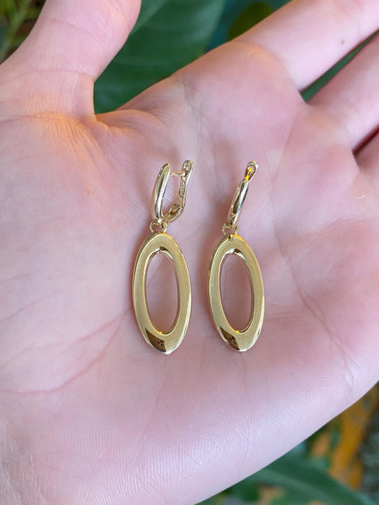 Vintage 14k Yellow Gold Oval Dangle Hoop Earrings